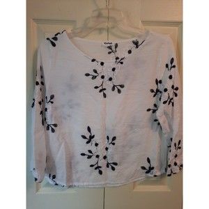 Kindred Anthropologie Peasant Top Blouse Shirt Boho Embroidered White Dk Navy M